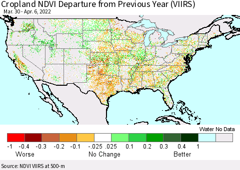 United States Cropland NDVI Departure from Previous Year (VIIRS) Thematic Map For 3/30/2022 - 4/6/2022