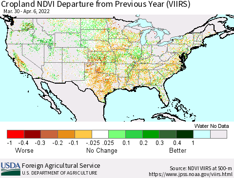 United States Cropland NDVI Departure from Previous Year (VIIRS) Thematic Map For 4/1/2022 - 4/10/2022