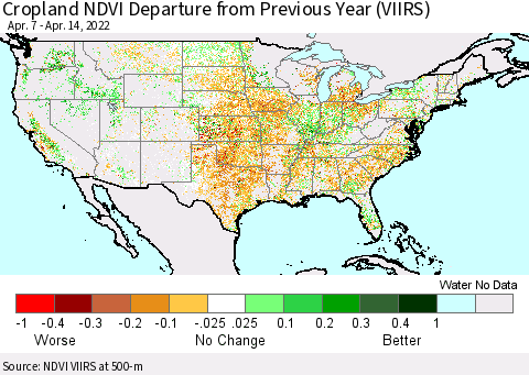 United States Cropland NDVI Departure from Previous Year (VIIRS) Thematic Map For 4/7/2022 - 4/14/2022