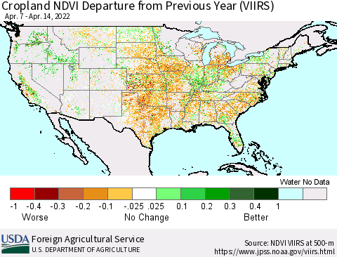 United States Cropland NDVI Departure from Previous Year (VIIRS) Thematic Map For 4/11/2022 - 4/20/2022