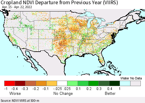 United States Cropland NDVI Departure from Previous Year (VIIRS) Thematic Map For 4/15/2022 - 4/22/2022