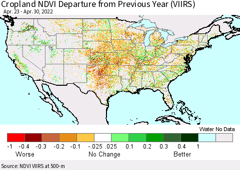 United States Cropland NDVI Departure from Previous Year (VIIRS) Thematic Map For 4/21/2022 - 4/30/2022