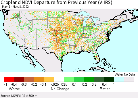 United States Cropland NDVI Departure from Previous Year (VIIRS) Thematic Map For 5/1/2022 - 5/8/2022
