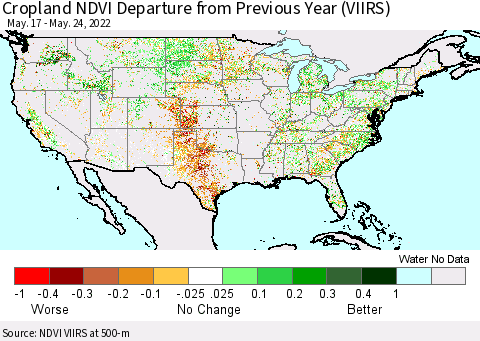United States Cropland NDVI Departure from Previous Year (VIIRS) Thematic Map For 5/17/2022 - 5/24/2022