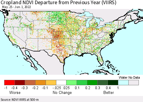 United States Cropland NDVI Departure from Previous Year (VIIRS) Thematic Map For 5/25/2022 - 6/1/2022