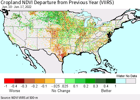 United States Cropland NDVI Departure from Previous Year (VIIRS) Thematic Map For 6/10/2022 - 6/17/2022