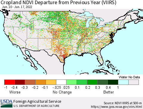 United States Cropland NDVI Departure from Previous Year (VIIRS) Thematic Map For 6/11/2022 - 6/20/2022