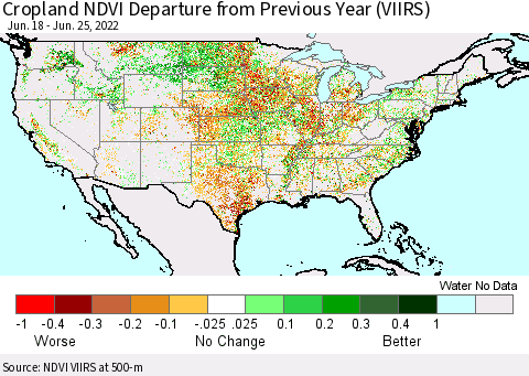 United States Cropland NDVI Departure from Previous Year (VIIRS) Thematic Map For 6/18/2022 - 6/25/2022