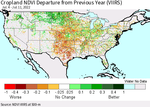 United States Cropland NDVI Departure from Previous Year (VIIRS) Thematic Map For 7/4/2022 - 7/11/2022