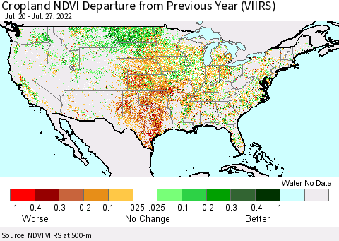 United States Cropland NDVI Departure from Previous Year (VIIRS) Thematic Map For 7/20/2022 - 7/27/2022