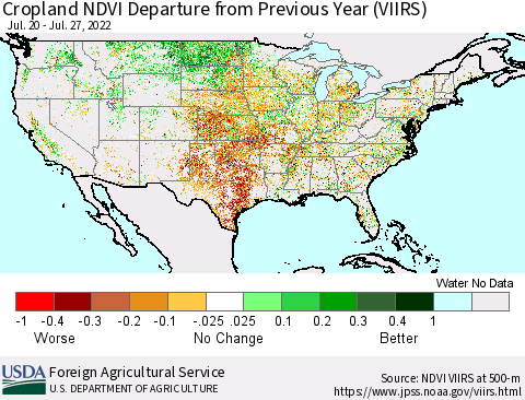 United States Cropland NDVI Departure from Previous Year (VIIRS) Thematic Map For 7/21/2022 - 7/31/2022
