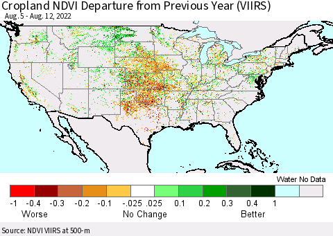 United States Cropland NDVI Departure from Previous Year (VIIRS) Thematic Map For 8/5/2022 - 8/12/2022