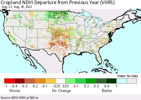 United States Cropland NDVI Departure from Previous Year (VIIRS) Thematic Map For 8/13/2022 - 8/20/2022