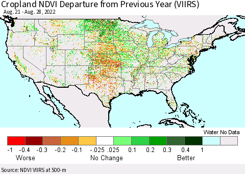 United States Cropland NDVI Departure from Previous Year (VIIRS) Thematic Map For 8/21/2022 - 8/28/2022