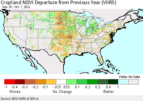 United States Cropland NDVI Departure from Previous Year (VIIRS) Thematic Map For 9/30/2022 - 10/7/2022