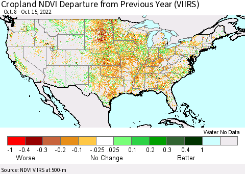 United States Cropland NDVI Departure from Previous Year (VIIRS) Thematic Map For 10/8/2022 - 10/15/2022