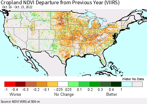 United States Cropland NDVI Departure from Previous Year (VIIRS) Thematic Map For 10/16/2022 - 10/23/2022