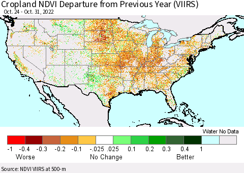 United States Cropland NDVI Departure from Previous Year (VIIRS) Thematic Map For 10/21/2022 - 10/31/2022
