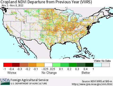 United States Cropland NDVI Departure from Previous Year (VIIRS) Thematic Map For 11/1/2022 - 11/10/2022