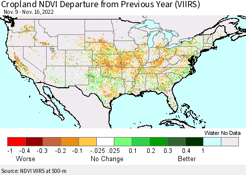 United States Cropland NDVI Departure from Previous Year (VIIRS) Thematic Map For 11/9/2022 - 11/16/2022