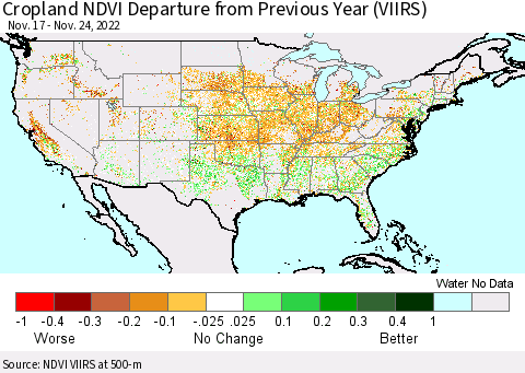 United States Cropland NDVI Departure from Previous Year (VIIRS) Thematic Map For 11/17/2022 - 11/24/2022