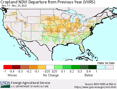 United States Cropland NDVI Departure from Previous Year (VIIRS) Thematic Map For 11/21/2022 - 11/30/2022