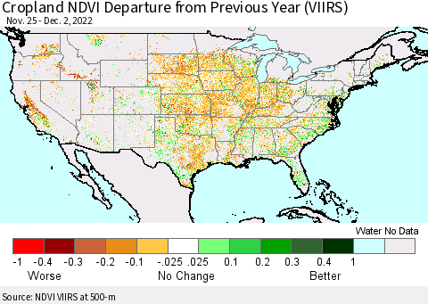 United States Cropland NDVI Departure from Previous Year (VIIRS) Thematic Map For 11/25/2022 - 12/2/2022