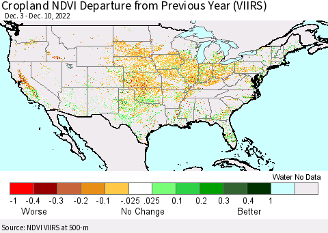 United States Cropland NDVI Departure from Previous Year (VIIRS) Thematic Map For 12/1/2022 - 12/10/2022