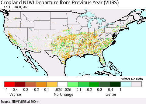 United States Cropland NDVI Departure from Previous Year (VIIRS) Thematic Map For 1/1/2023 - 1/8/2023