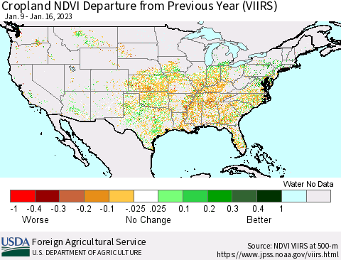 United States Cropland NDVI Departure from Previous Year (VIIRS) Thematic Map For 1/11/2023 - 1/20/2023