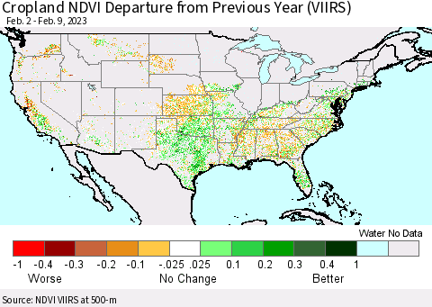 United States Cropland NDVI Departure from Previous Year (VIIRS) Thematic Map For 2/2/2023 - 2/9/2023
