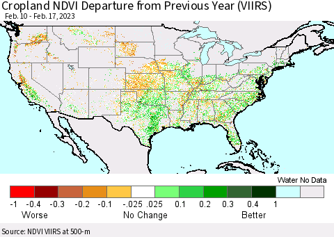 United States Cropland NDVI Departure from Previous Year (VIIRS) Thematic Map For 2/10/2023 - 2/17/2023