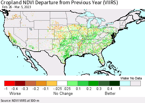 United States Cropland NDVI Departure from Previous Year (VIIRS) Thematic Map For 2/26/2023 - 3/5/2023