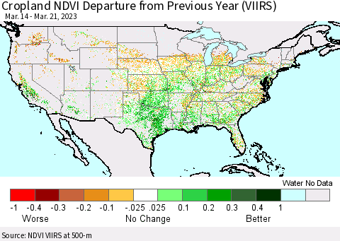 United States Cropland NDVI Departure from Previous Year (VIIRS) Thematic Map For 3/14/2023 - 3/21/2023