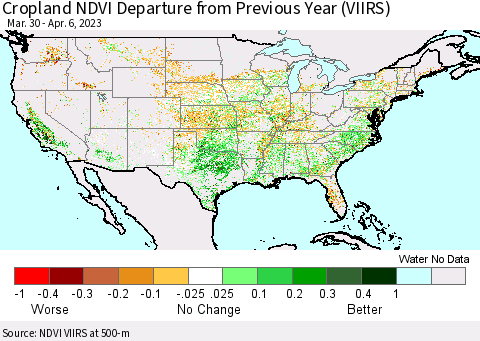 United States Cropland NDVI Departure from Previous Year (VIIRS) Thematic Map For 3/30/2023 - 4/6/2023