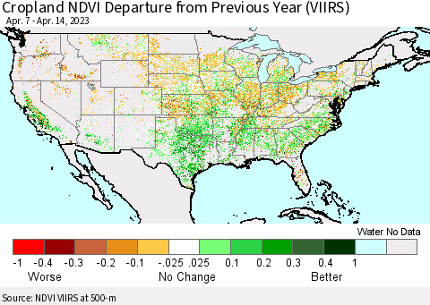 United States Cropland NDVI Departure from Previous Year (VIIRS) Thematic Map For 4/7/2023 - 4/14/2023
