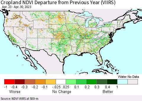 United States Cropland NDVI Departure from Previous Year (VIIRS) Thematic Map For 4/21/2023 - 4/30/2023
