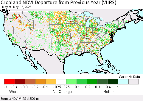 United States Cropland NDVI Departure from Previous Year (VIIRS) Thematic Map For 5/9/2023 - 5/16/2023
