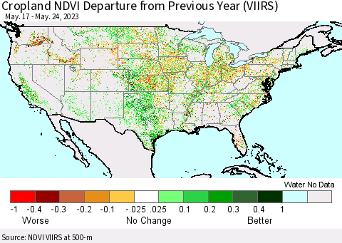 United States Cropland NDVI Departure from Previous Year (VIIRS) Thematic Map For 5/17/2023 - 5/24/2023