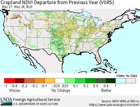 United States Cropland NDVI Departure from Previous Year (VIIRS) Thematic Map For 5/21/2023 - 5/31/2023