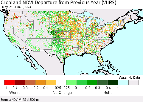 United States Cropland NDVI Departure from Previous Year (VIIRS) Thematic Map For 5/25/2023 - 6/1/2023