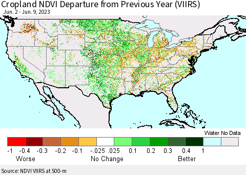 United States Cropland NDVI Departure from Previous Year (VIIRS) Thematic Map For 6/2/2023 - 6/9/2023