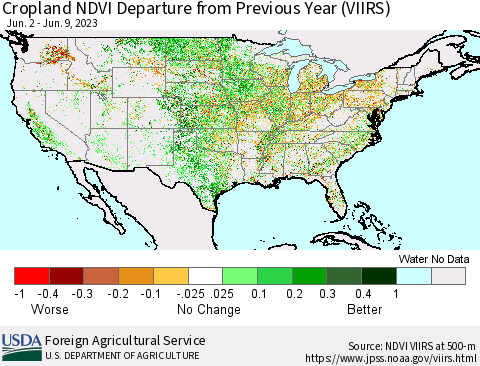 United States Cropland NDVI Departure from Previous Year (VIIRS) Thematic Map For 6/1/2023 - 6/10/2023