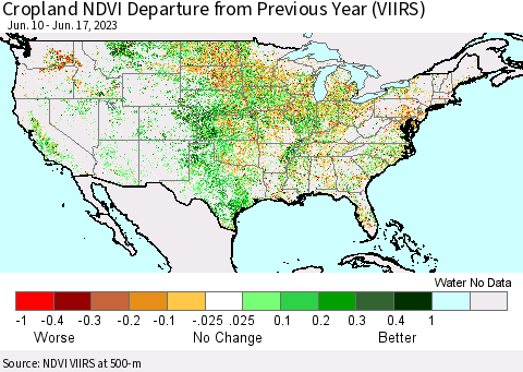 United States Cropland NDVI Departure from Previous Year (VIIRS) Thematic Map For 6/10/2023 - 6/17/2023
