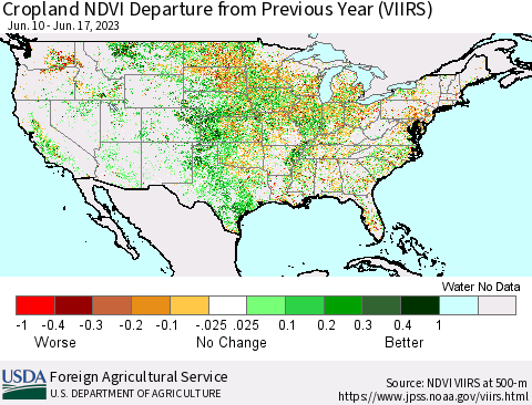 United States Cropland NDVI Departure from Previous Year (VIIRS) Thematic Map For 6/11/2023 - 6/20/2023