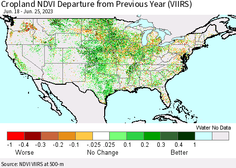 United States Cropland NDVI Departure from Previous Year (VIIRS) Thematic Map For 6/18/2023 - 6/25/2023