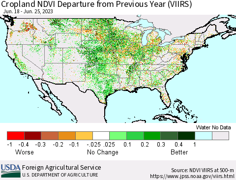 United States Cropland NDVI Departure from Previous Year (VIIRS) Thematic Map For 6/21/2023 - 6/30/2023