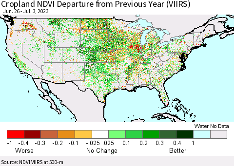 United States Cropland NDVI Departure from Previous Year (VIIRS) Thematic Map For 6/26/2023 - 7/3/2023