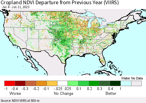United States Cropland NDVI Departure from Previous Year (VIIRS) Thematic Map For 7/4/2023 - 7/11/2023
