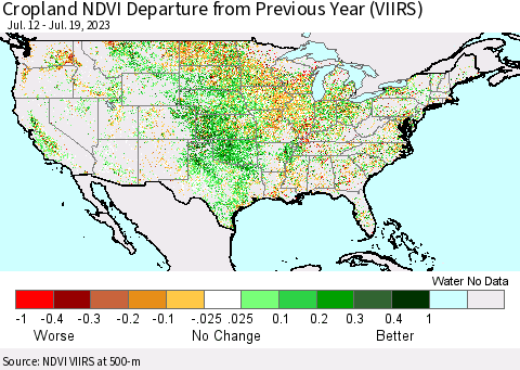 United States Cropland NDVI Departure from Previous Year (VIIRS) Thematic Map For 7/12/2023 - 7/19/2023
